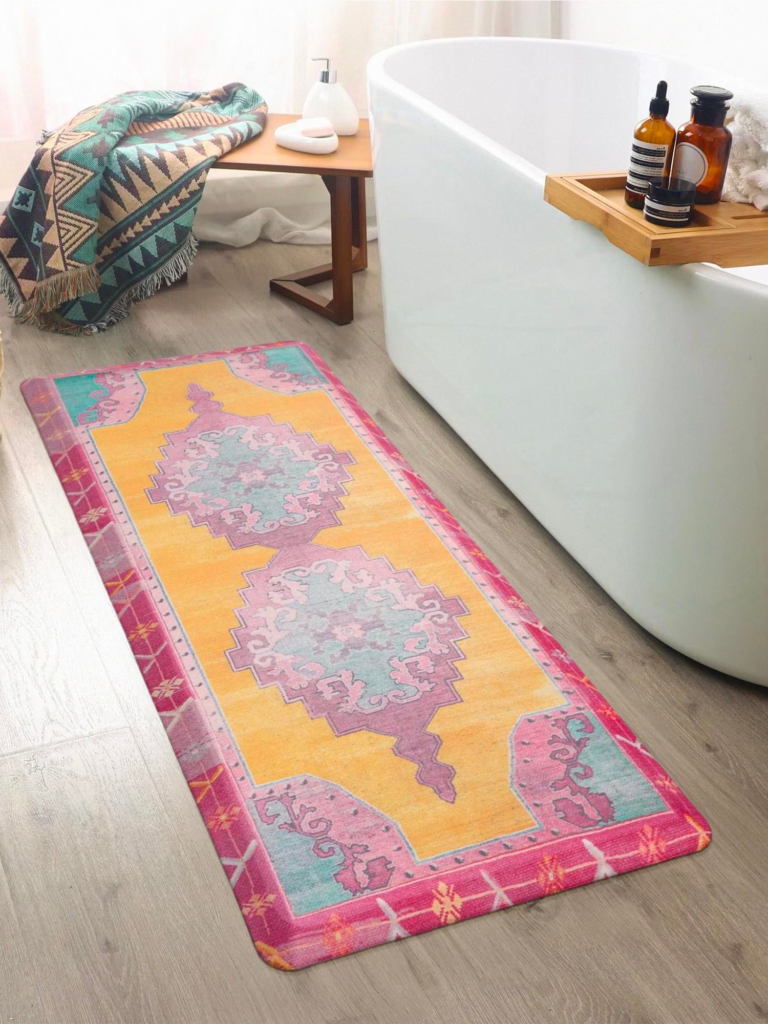 Anti-Fatigue Sunburst Yellow and Pink 2' x 3' Comfort Standing Mat  for Kitchen, Bath, Laundry Room, Office Colorful PVC Durable Non-Slip Water Resistant Spill Proof Rug Thick Rubber for Sale at Rug Engine