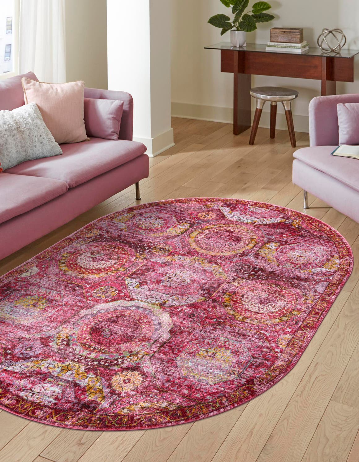 Pink 7' 10 x 10' Baracoa Oval Area Rug 100% Polypropylene Distressed Vintage Living Dining Room Office Traditional Carpet for Sale at Rug Engine