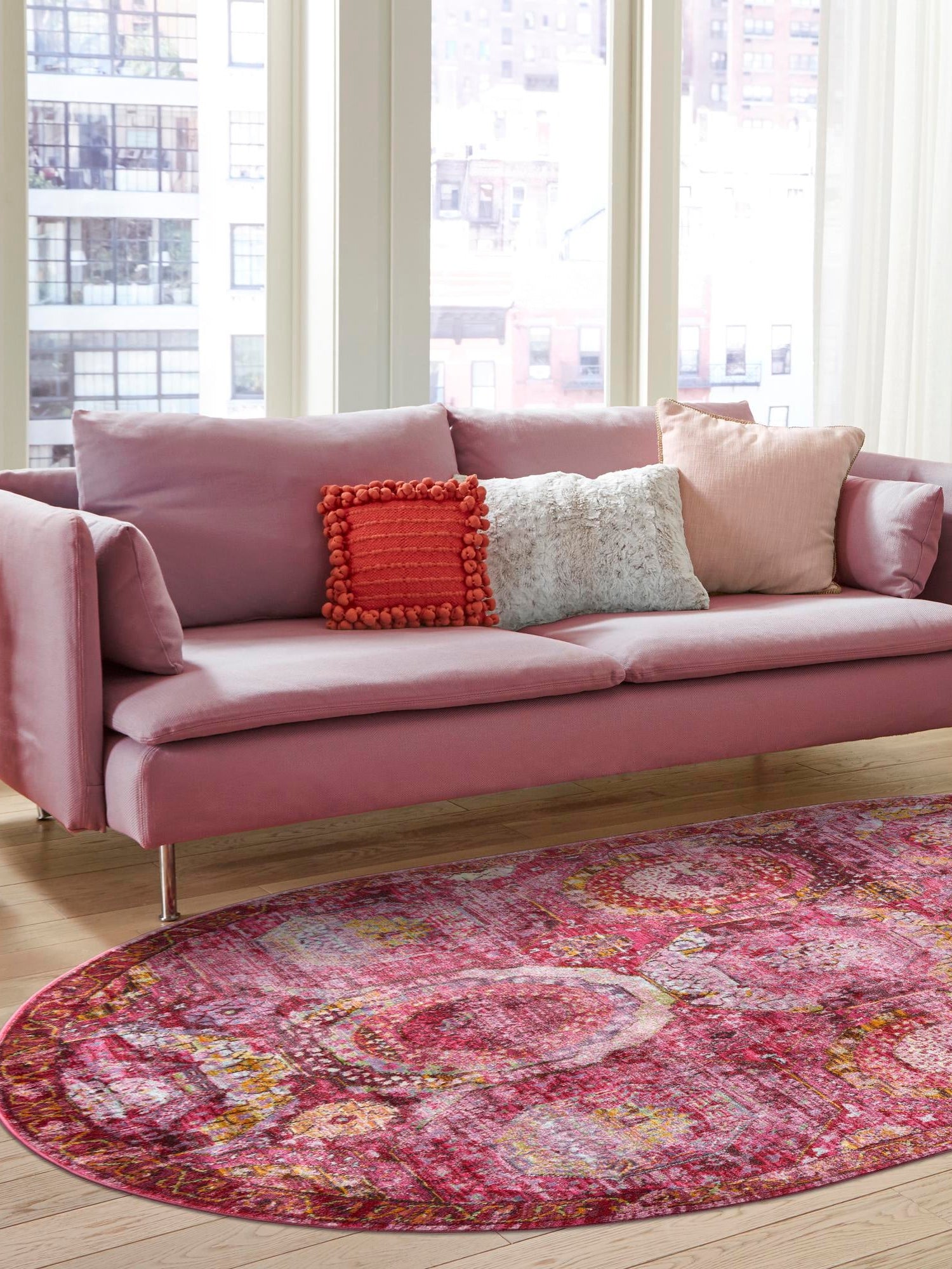 Pink 7' 10 x 10' Baracoa Oval Area Rug 100% Polypropylene Distressed Vintage Living Dining Room Office Traditional Carpet for Sale at Rug Engine