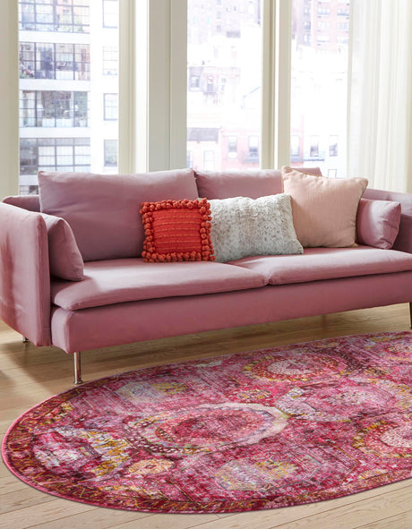 Pink 4' 1 x 6' 1 Baracoa Oval Area Rug 100% Polypropylene Distressed Vintage Living Dining Room Office Traditional Carpet for Sale at Rug Engine