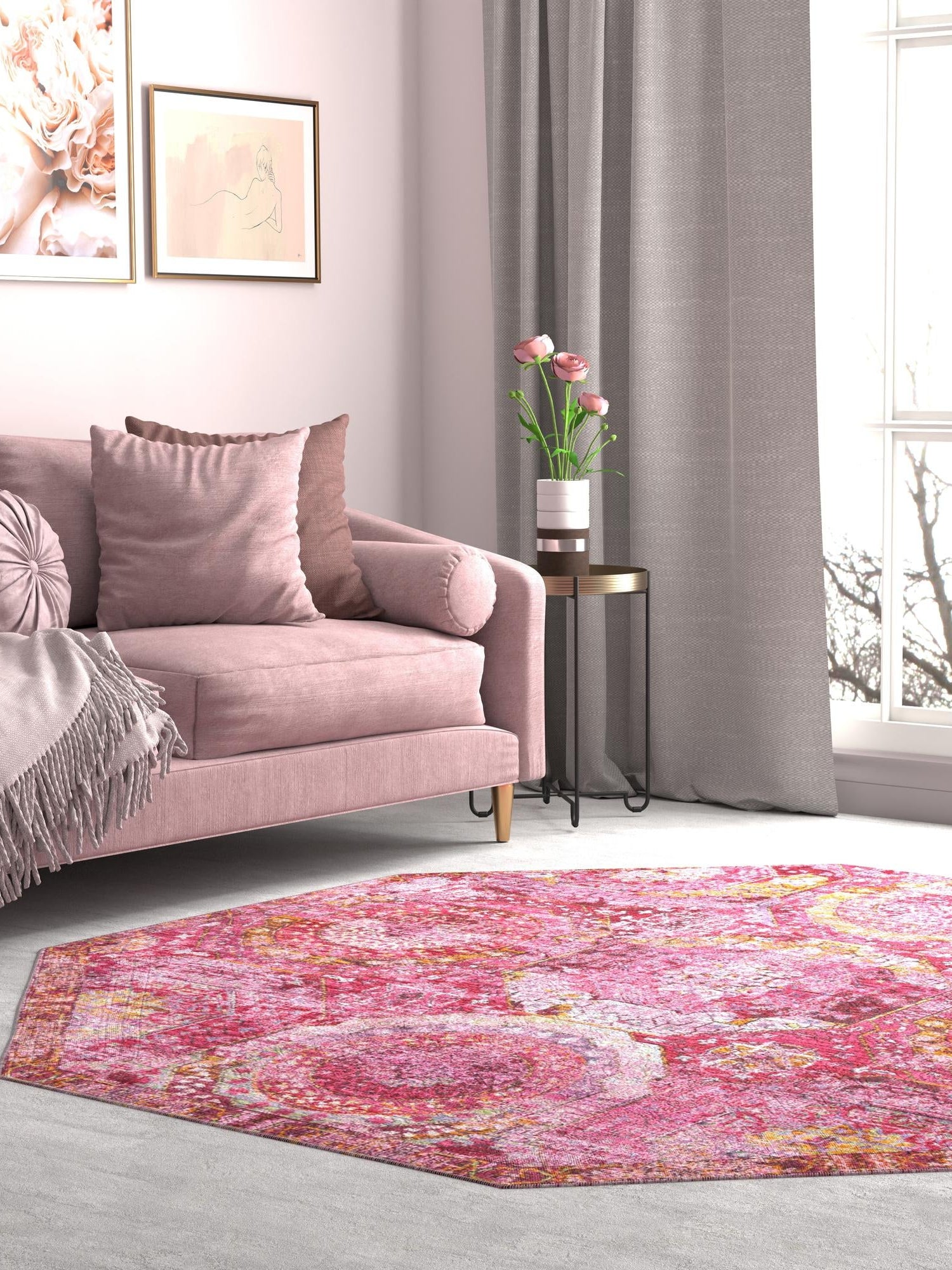 Pink 7' 1 x 7' 1 Baracoa Octagon Area Rug 100% Polypropylene Distressed Vintage Living Dining Room Office Traditional Carpet for Sale at Rug Engine