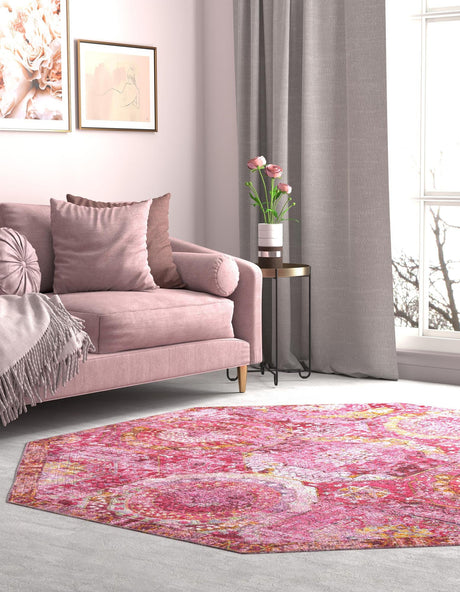 Pink 7' 1 x 7' 1 Baracoa Octagon Area Rug 100% Polypropylene Distressed Vintage Living Dining Room Office Traditional Carpet for Sale at Rug Engine