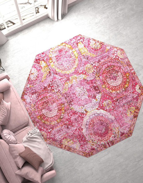 Pink 5' 3 x 5' 3 Baracoa Octagon Area Rug 100% Polypropylene Distressed Vintage Living Dining Room Office Traditional Carpet for Sale at Rug Engine