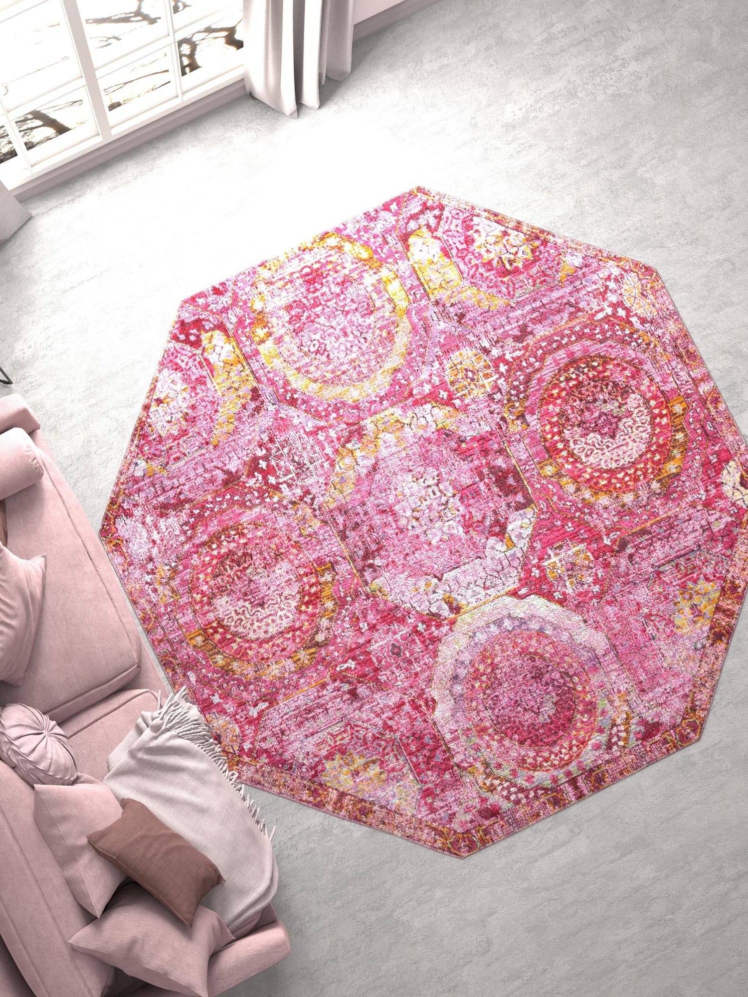 Pink 7' 1 x 7' 1 Baracoa Octagon Area Rug 100% Polypropylene Distressed Vintage Living Dining Room Office Traditional Carpet for Sale at Rug Engine