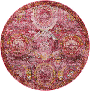 Pink 7' 1 x 7' 1 Baracoa Round Area Rug 100% Polypropylene Distressed Vintage Living Dining Room Office Traditional Carpet for Sale at Rug Engine