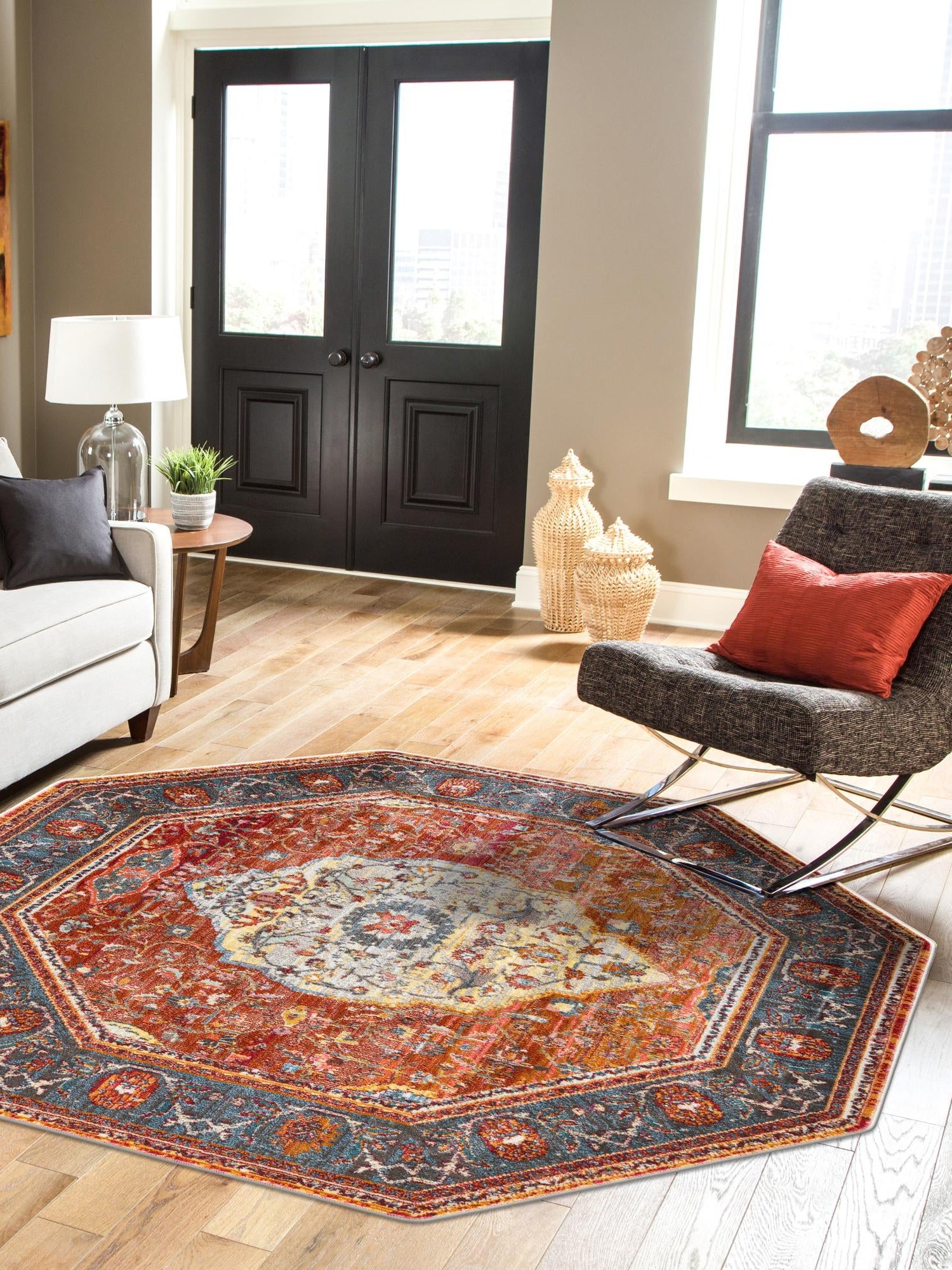 Rust Red 7' 1 x 7' 1 Baracoa Octagon Area Rug 100% Polypropylene Distressed Vintage Living Dining Room Office Traditional Carpet for Sale at Rug Engine