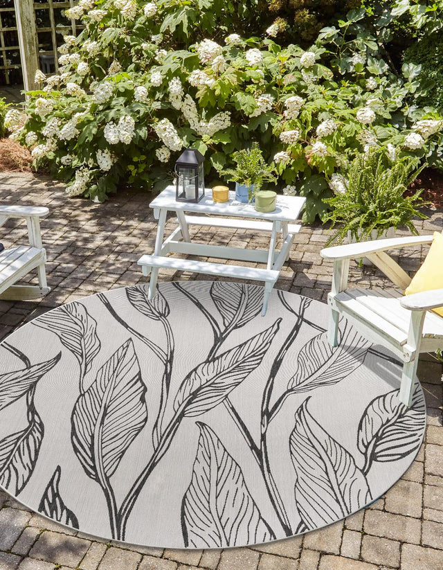 Charcoal Ivory 13' 1 x 13' 1 Outdoor Botanical Round Area Rug Weather Resistant for Patio, Deck, Terrace, Balcony, Porch Polypropylene Garden Floral Tropical Carpet for Sale at Rug Engine