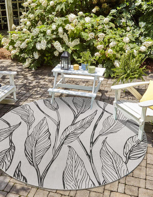 Charcoal Ivory 4' 1 x 4' 1 Outdoor Botanical Round Area Rug Weather Resistant for Patio, Deck, Terrace, Balcony, Porch Polypropylene Garden Floral Tropical Carpet for Sale at Rug Engine