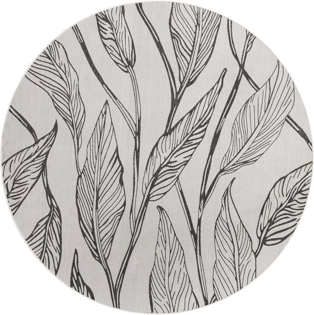 Charcoal Ivory 10' 8 x 10' 8 Outdoor Botanical Round Area Rug Weather Resistant for Patio, Deck, Terrace, Balcony, Porch Polypropylene Garden Floral Tropical Carpet for Sale at Rug Engine