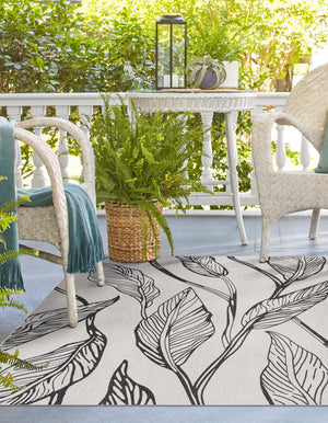 Charcoal Ivory 10' 8 x 10' 8 Outdoor Botanical Square Area Rug Weather Resistant for Patio, Deck, Terrace, Balcony, Porch Polypropylene Garden Floral Tropical Carpet for Sale at Rug Engine