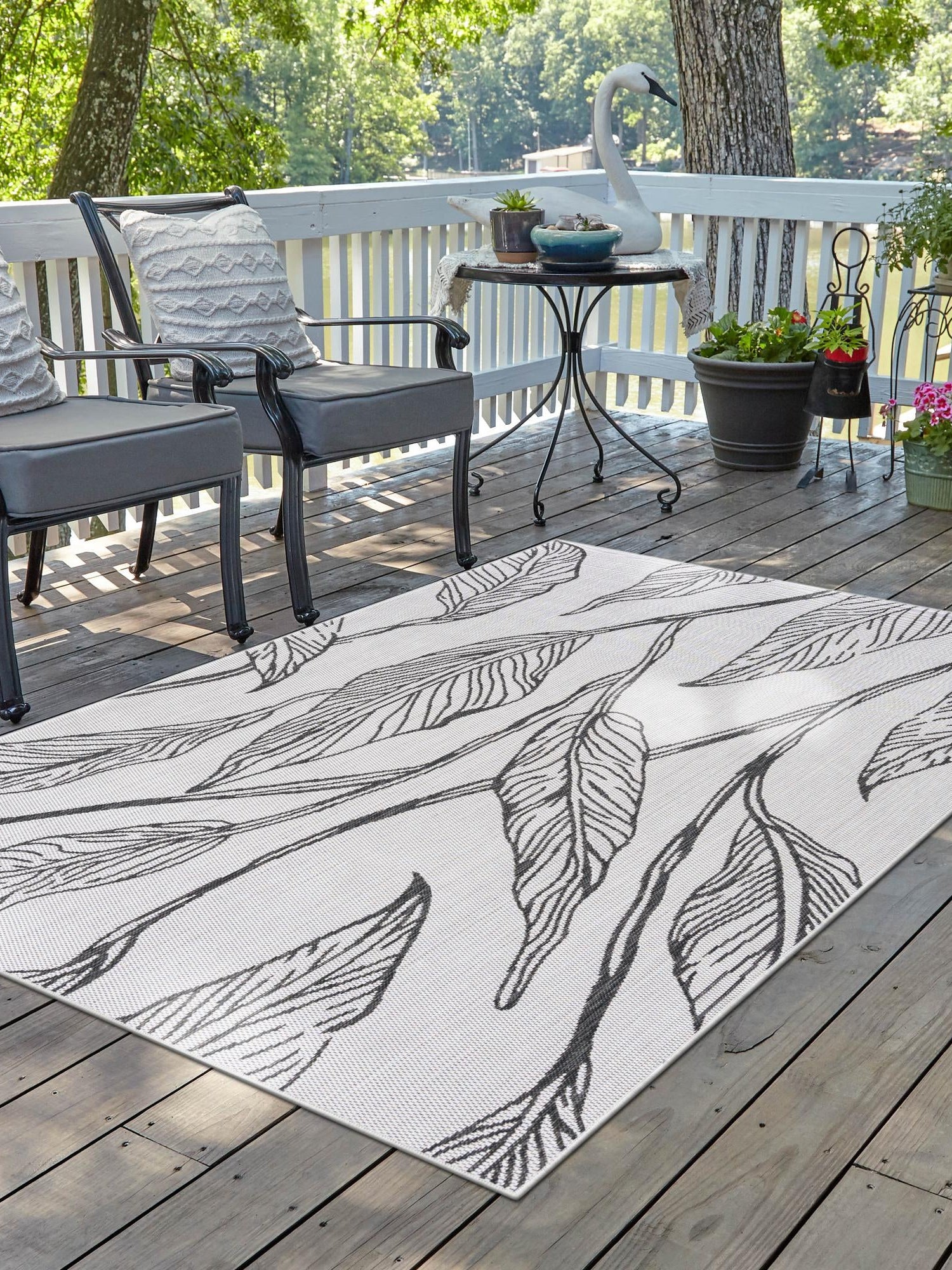Charcoal Ivory 6' 1 x 9' Outdoor Botanical Rectangle Area Rug Weather Resistant for Patio, Deck, Terrace, Balcony, Porch Polypropylene Garden Floral Tropical Carpet for Sale at Rug Engine