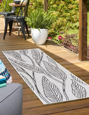 Charcoal Ivory 2' x 6' 1 Outdoor Botanical Runner Area Rug Weather Resistant for Patio, Deck, Terrace, Balcony, Porch Polypropylene Garden Floral Tropical Carpet for Sale at Rug Engine
