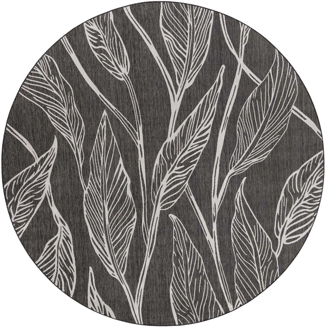 Ivory Charcoal 10' 8 x 10' 8 Outdoor Botanical Round Area Rug Weather Resistant for Patio, Deck, Terrace, Balcony, Porch Polypropylene Garden Floral Tropical Carpet for Sale at Rug Engine