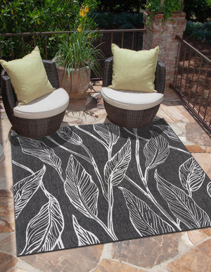 Ivory Charcoal 10' 8 x 10' 8 Outdoor Botanical Square Area Rug Weather Resistant for Patio, Deck, Terrace, Balcony, Porch Polypropylene Garden Floral Tropical Carpet for Sale at Rug Engine