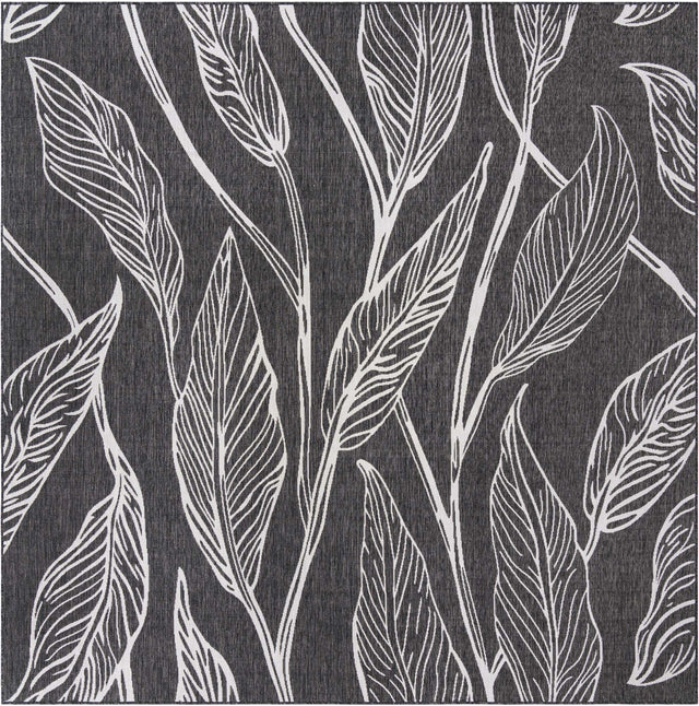 Ivory Charcoal 10' 8 x 10' 8 Outdoor Botanical Square Area Rug Weather Resistant for Patio, Deck, Terrace, Balcony, Porch Polypropylene Garden Floral Tropical Carpet for Sale at Rug Engine
