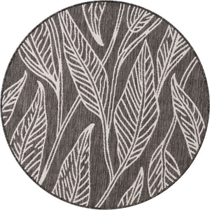 Ivory Charcoal 4' 1 x 4' 1 Outdoor Botanical Round Area Rug Weather Resistant for Patio, Deck, Terrace, Balcony, Porch Polypropylene Garden Floral Tropical Carpet for Sale at Rug Engine