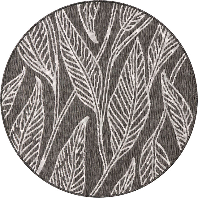 Ivory Charcoal 4' 1 x 4' 1 Outdoor Botanical Round Area Rug Weather Resistant for Patio, Deck, Terrace, Balcony, Porch Polypropylene Garden Floral Tropical Carpet for Sale at Rug Engine