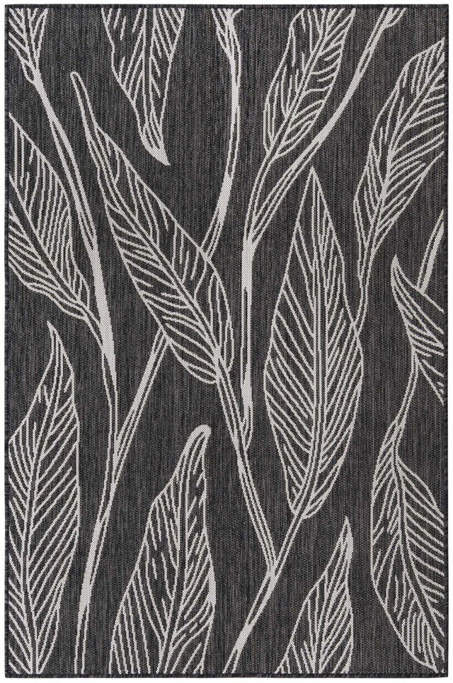 Ivory Charcoal 4' 1 x 6' 1 Outdoor Botanical Rectangle Area Rug Weather Resistant for Patio, Deck, Terrace, Balcony, Porch Polypropylene Garden Floral Tropical Carpet for Sale at Rug Engine