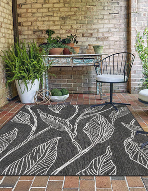 Ivory Charcoal 7' 10 x 11' Outdoor Botanical Rectangle Area Rug Weather Resistant for Patio, Deck, Terrace, Balcony, Porch Polypropylene Garden Floral Tropical Carpet for Sale at Rug Engine