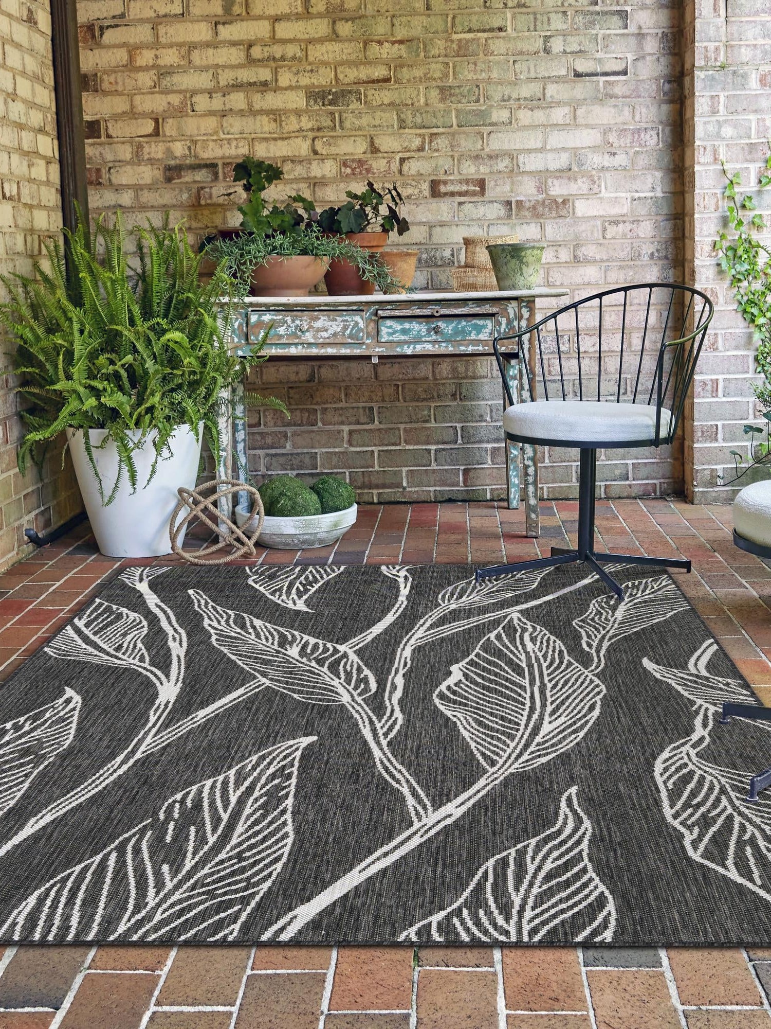 Ivory Charcoal 7' 1 x 10' Outdoor Botanical Rectangle Area Rug Weather Resistant for Patio, Deck, Terrace, Balcony, Porch Polypropylene Garden Floral Tropical Carpet for Sale at Rug Engine