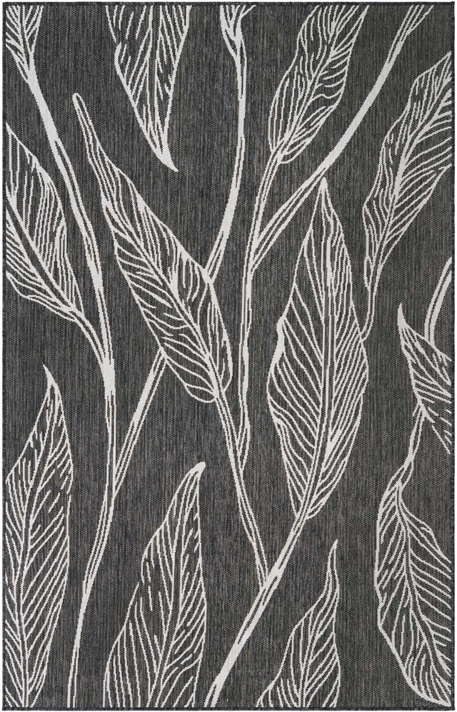 Ivory Charcoal 5' 3 x 8' Outdoor Botanical Rectangle Area Rug Weather Resistant for Patio, Deck, Terrace, Balcony, Porch Polypropylene Garden Floral Tropical Carpet for Sale at Rug Engine