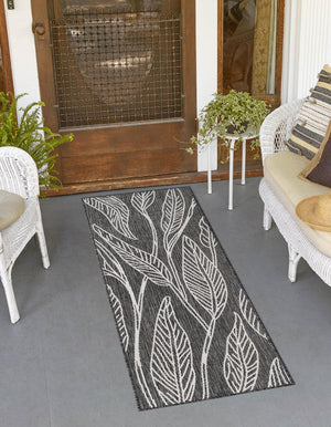 Ivory Charcoal 2' x 6' 1 Outdoor Botanical Runner Area Rug Weather Resistant for Patio, Deck, Terrace, Balcony, Porch Polypropylene Garden Floral Tropical Carpet for Sale at Rug Engine