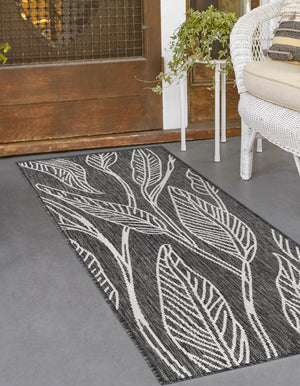 Ivory Charcoal 2' x 6' 1 Outdoor Botanical Runner Area Rug Weather Resistant for Patio, Deck, Terrace, Balcony, Porch Polypropylene Garden Floral Tropical Carpet for Sale at Rug Engine