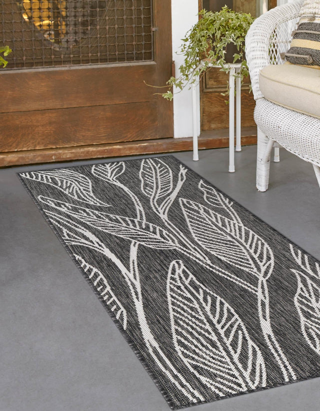 Ivory Charcoal 2' x 6' 1 Outdoor Botanical Runner Area Rug Weather Resistant for Patio, Deck, Terrace, Balcony, Porch Polypropylene Garden Floral Tropical Carpet for Sale at Rug Engine