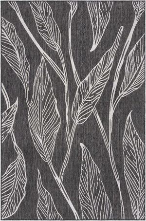 Ivory Charcoal 6' 1 x 9' Outdoor Botanical Rectangle Area Rug Weather Resistant for Patio, Deck, Terrace, Balcony, Porch Polypropylene Garden Floral Tropical Carpet for Sale at Rug Engine