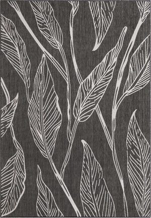 Ivory Charcoal 7' 1 x 10' Outdoor Botanical Rectangle Area Rug Weather Resistant for Patio, Deck, Terrace, Balcony, Porch Polypropylene Garden Floral Tropical Carpet for Sale at Rug Engine