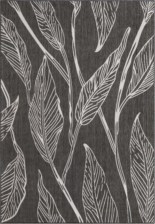 Ivory Charcoal 7' 1 x 10' Outdoor Botanical Rectangle Area Rug Weather Resistant for Patio, Deck, Terrace, Balcony, Porch Polypropylene Garden Floral Tropical Carpet for Sale at Rug Engine