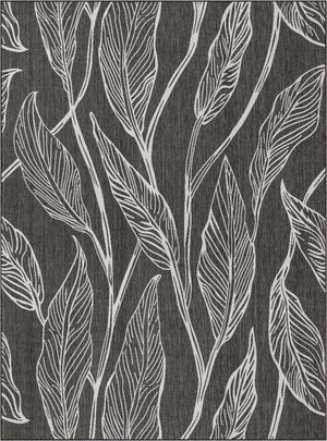 Ivory Charcoal 9' x 12' Outdoor Botanical Rectangle Area Rug Weather Resistant for Patio, Deck, Terrace, Balcony, Porch Polypropylene Garden Floral Tropical Carpet for Sale at Rug Engine