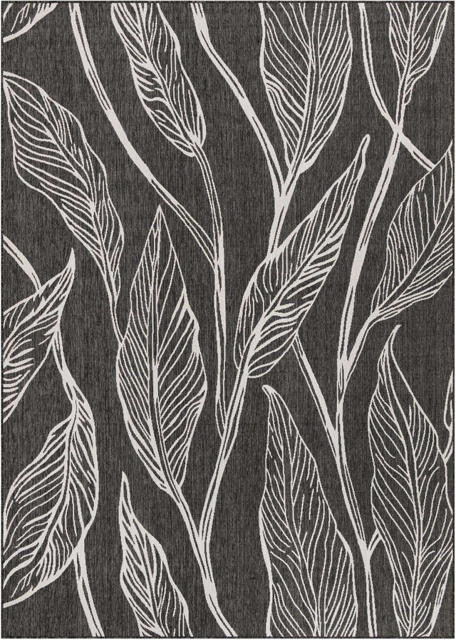 Ivory Charcoal 7' 10 x 11' Outdoor Botanical Rectangle Area Rug Weather Resistant for Patio, Deck, Terrace, Balcony, Porch Polypropylene Garden Floral Tropical Carpet for Sale at Rug Engine
