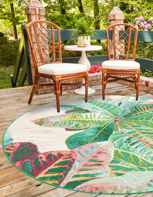 Multicolor 7' 1 x 7' 1 Outdoor Botanical Round Area Rug Weather Resistant for Patio, Deck, Terrace, Balcony, Porch Polypropylene Garden Floral Tropical Carpet for Sale at Rug Engine