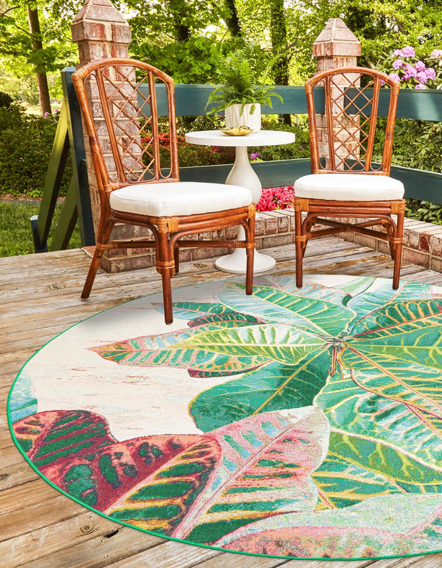 Multicolor 4' 1 x 4' 1 Outdoor Botanical Round Area Rug Weather Resistant for Patio, Deck, Terrace, Balcony, Porch Polypropylene Garden Floral Tropical Carpet for Sale at Rug Engine