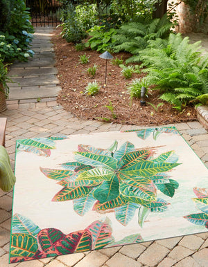 Multicolor 7' 10 x 7' 10 Outdoor Botanical Square Area Rug Weather Resistant for Patio, Deck, Terrace, Balcony, Porch Polypropylene Garden Floral Tropical Carpet for Sale at Rug Engine
