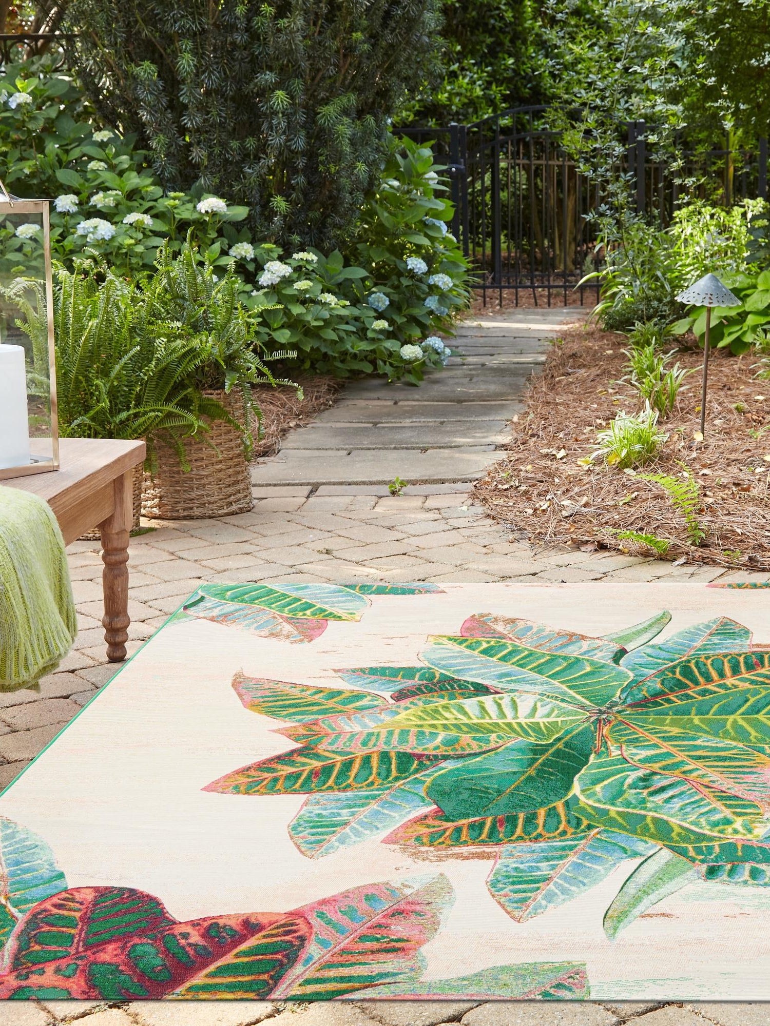Multicolor 7' 10 x 7' 10 Outdoor Botanical Square Area Rug Weather Resistant for Patio, Deck, Terrace, Balcony, Porch Polypropylene Garden Floral Tropical Carpet for Sale at Rug Engine