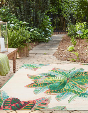Multicolor 7' 10 x 7' 10 Outdoor Botanical Square Area Rug Weather Resistant for Patio, Deck, Terrace, Balcony, Porch Polypropylene Garden Floral Tropical Carpet for Sale at Rug Engine