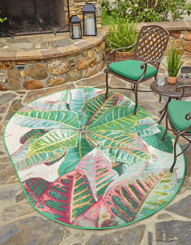Multicolor 4' 1 x 6' 1 Outdoor Botanical Oval Area Rug Weather Resistant for Patio, Deck, Terrace, Balcony, Porch Polypropylene Garden Floral Tropical Carpet for Sale at Rug Engine