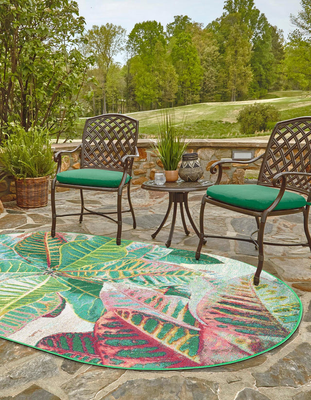 Multicolor 2' x 3' 1 Outdoor Botanical Oval Area Rug Weather Resistant for Patio, Deck, Terrace, Balcony, Porch Polypropylene Garden Floral Tropical Carpet for Sale at Rug Engine
