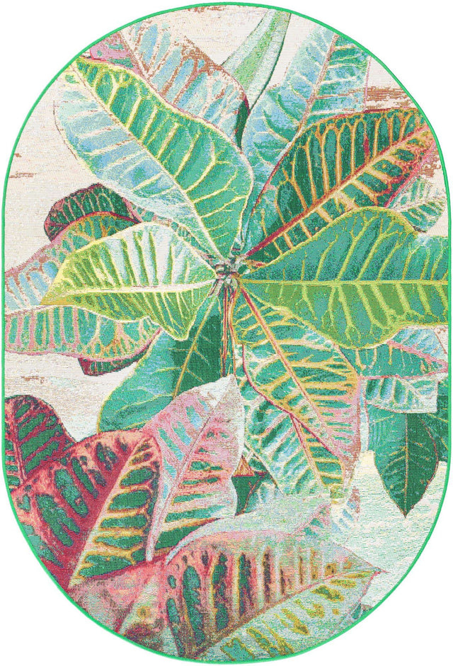 Multicolor 4' 1 x 6' 1 Outdoor Botanical Oval Area Rug Weather Resistant for Patio, Deck, Terrace, Balcony, Porch Polypropylene Garden Floral Tropical Carpet for Sale at Rug Engine