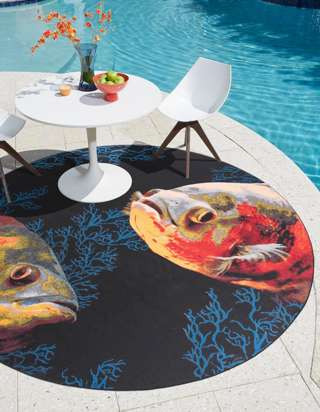 Multicolor 12' x 12' Outdoor Coastal Round Area Rug Weather Resistant for Patio, Deck, Terrace, Balcony, Porch 100% Polypropylene Coastal Decor Carpet for Sale at Rug Engine