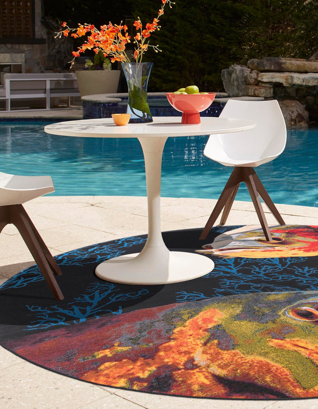 Multicolor 10' x 10' Outdoor Coastal Round Area Rug Weather Resistant for Patio, Deck, Terrace, Balcony, Porch 100% Polypropylene Coastal Decor Carpet for Sale at Rug Engine