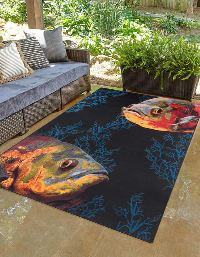 Multicolor 9' x 12' Outdoor Coastal Rectangle Area Rug Weather Resistant for Patio, Deck, Terrace, Balcony, Porch 100% Polypropylene Coastal Decor Carpet for Sale at Rug Engine