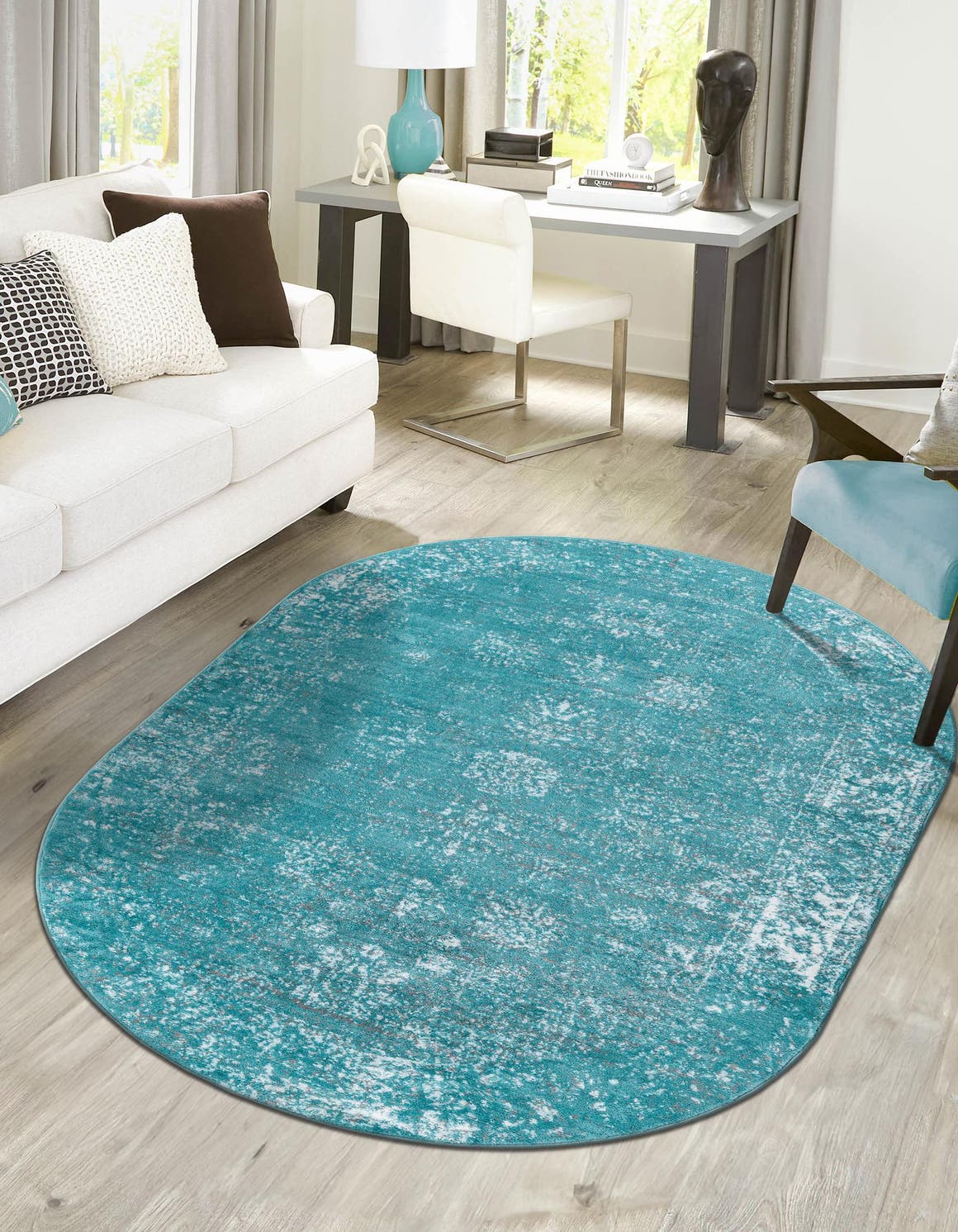 Turquoise 5' 3 x 8' Sofia Oval Area Rug Durable Easy Clean Stain Resistant Unique Carpet for Affordable Interior Home Design for Sale at Rug Engine