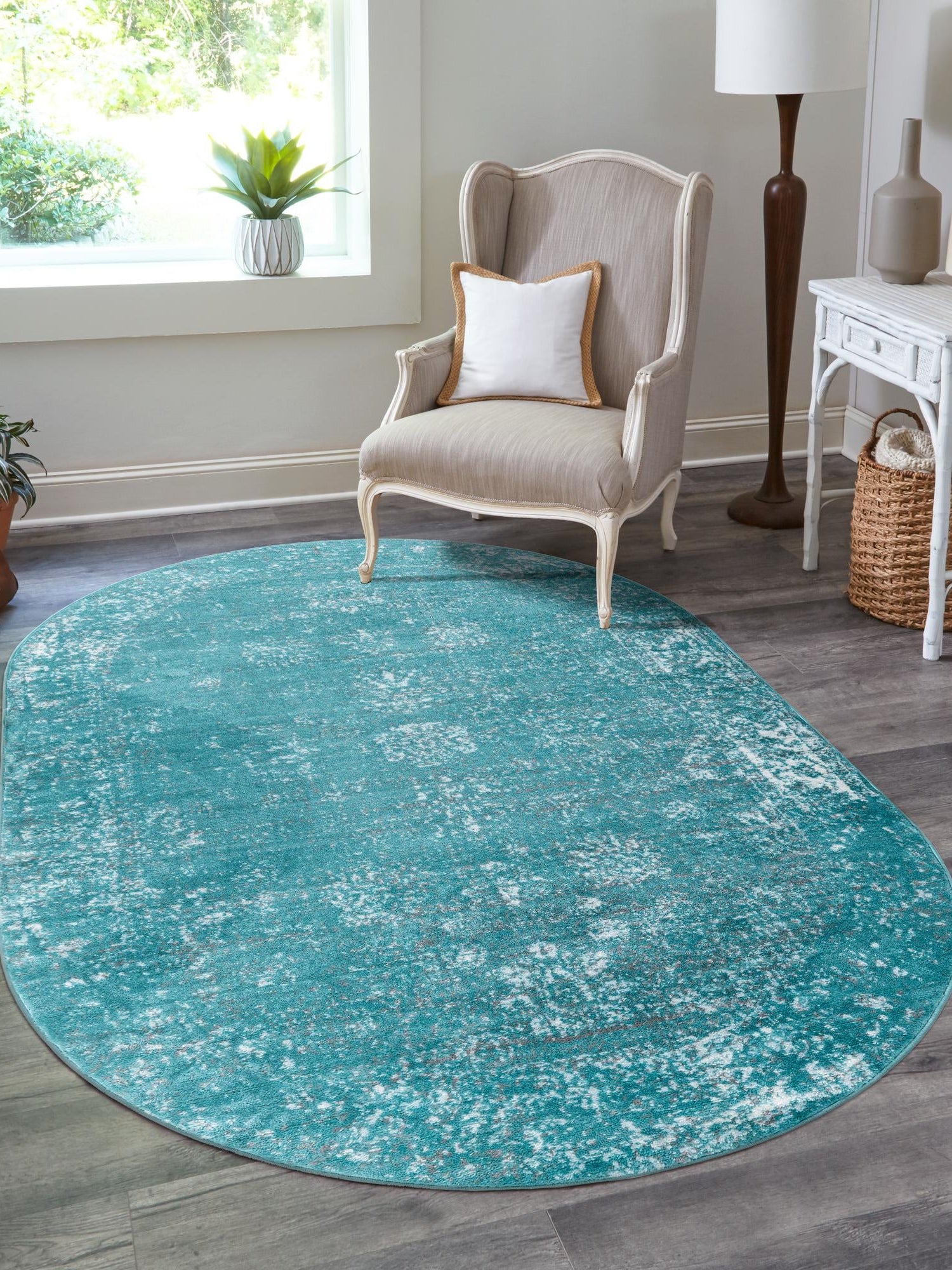 Turquoise 5' 3 x 8' Sofia Oval Area Rug Durable Easy Clean Stain Resistant Unique Carpet for Affordable Interior Home Design for Sale at Rug Engine