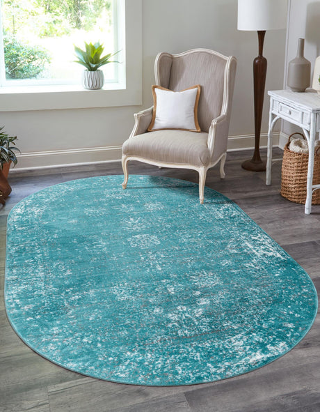 Turquoise 5' 3 x 8' Sofia Oval Area Rug Durable Easy Clean Stain Resistant Unique Carpet for Affordable Interior Home Design for Sale at Rug Engine