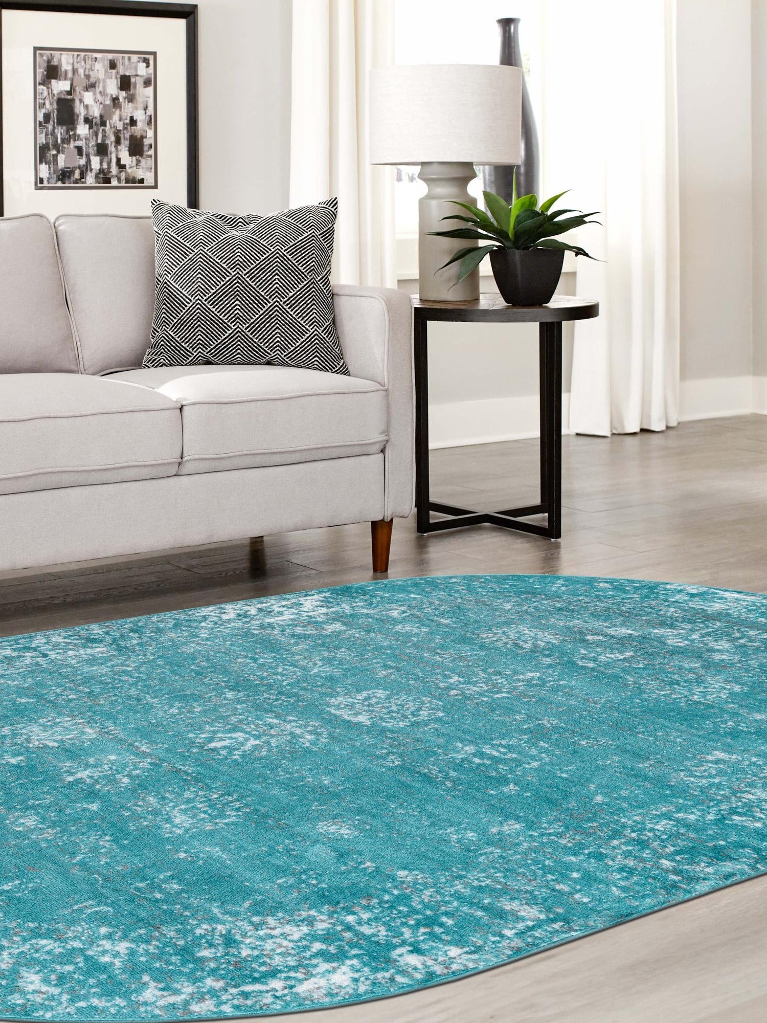 Turquoise 5' 3 x 8' Sofia Oval Area Rug Durable Easy Clean Stain Resistant Unique Carpet for Affordable Interior Home Design for Sale at Rug Engine