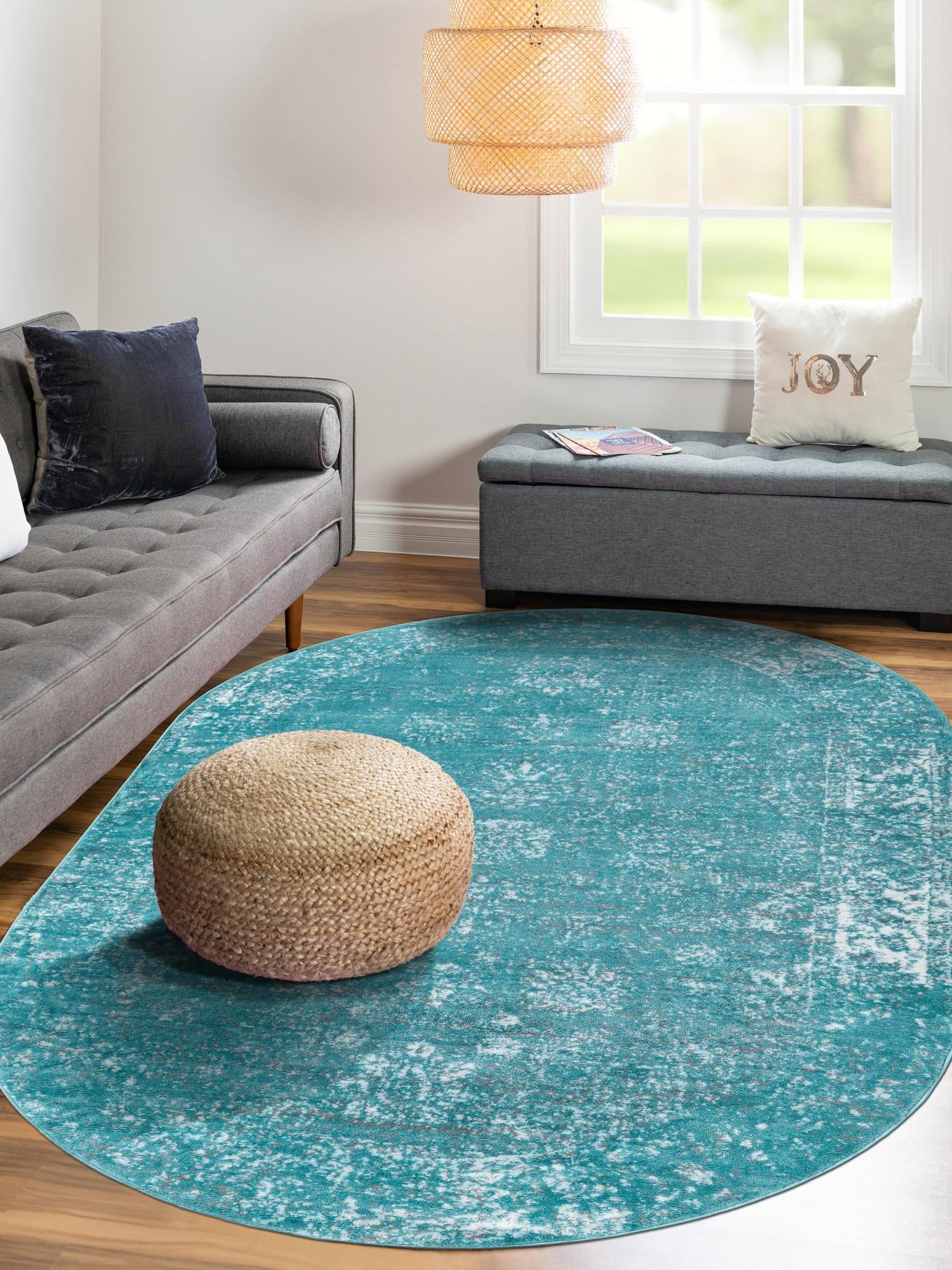 Turquoise 5' 3 x 8' Sofia Oval Area Rug Durable Easy Clean Stain Resistant Unique Carpet for Affordable Interior Home Design for Sale at Rug Engine