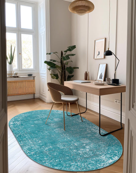 Turquoise 7' 10 x 10' Sofia Oval Area Rug Durable Easy Clean Stain Resistant Unique Carpet for Affordable Interior Home Design for Sale at Rug Engine